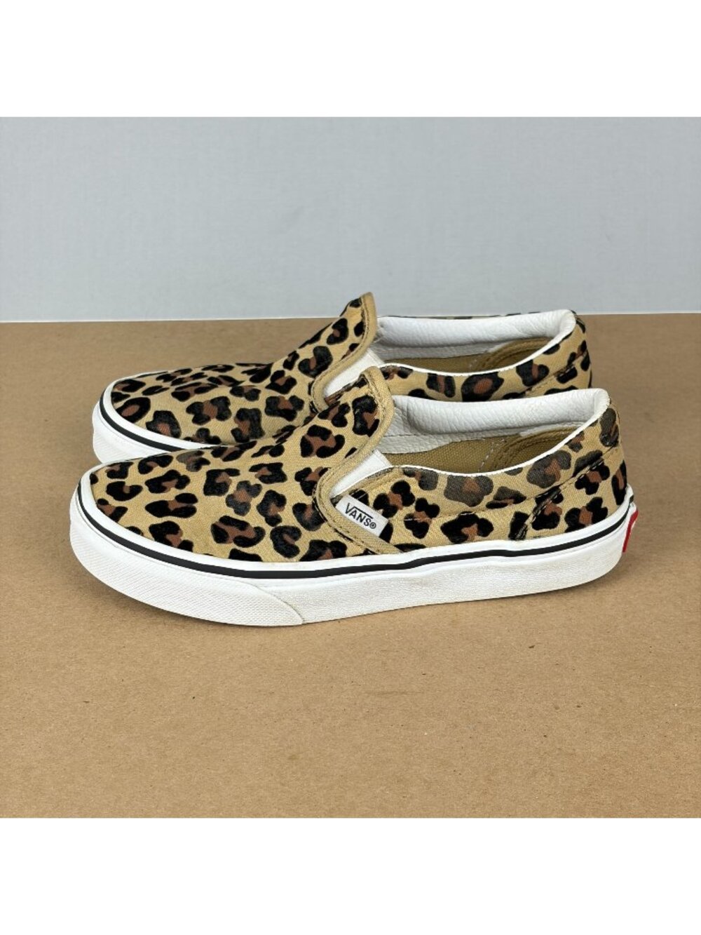 Vans Leopard Print Felt Slip On Sneakers Shoes Kids 3 Tan Brown Black Casual